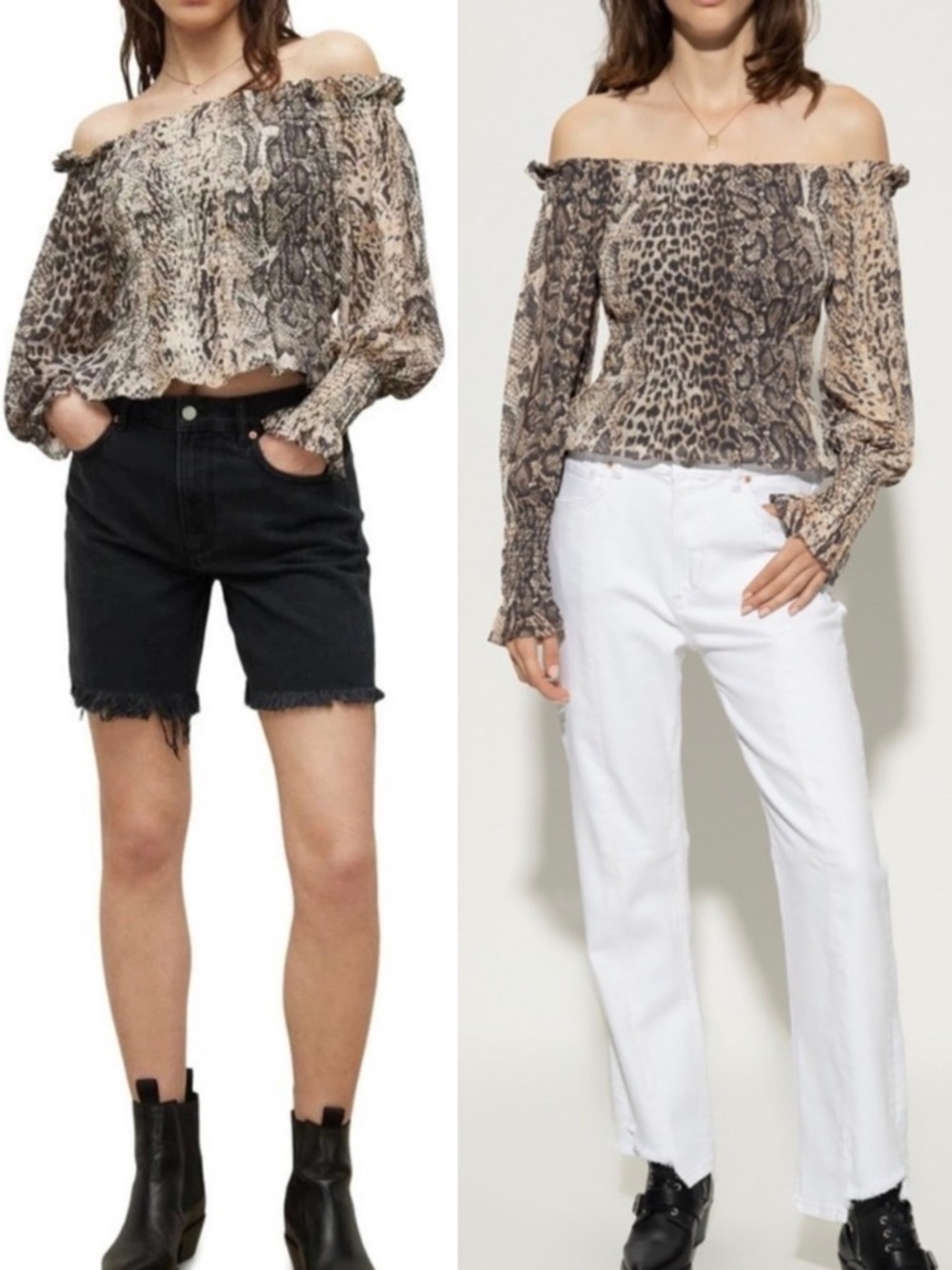 AllSaints Lara Noche Off the Shoulder Smocked Snakeskin Top
